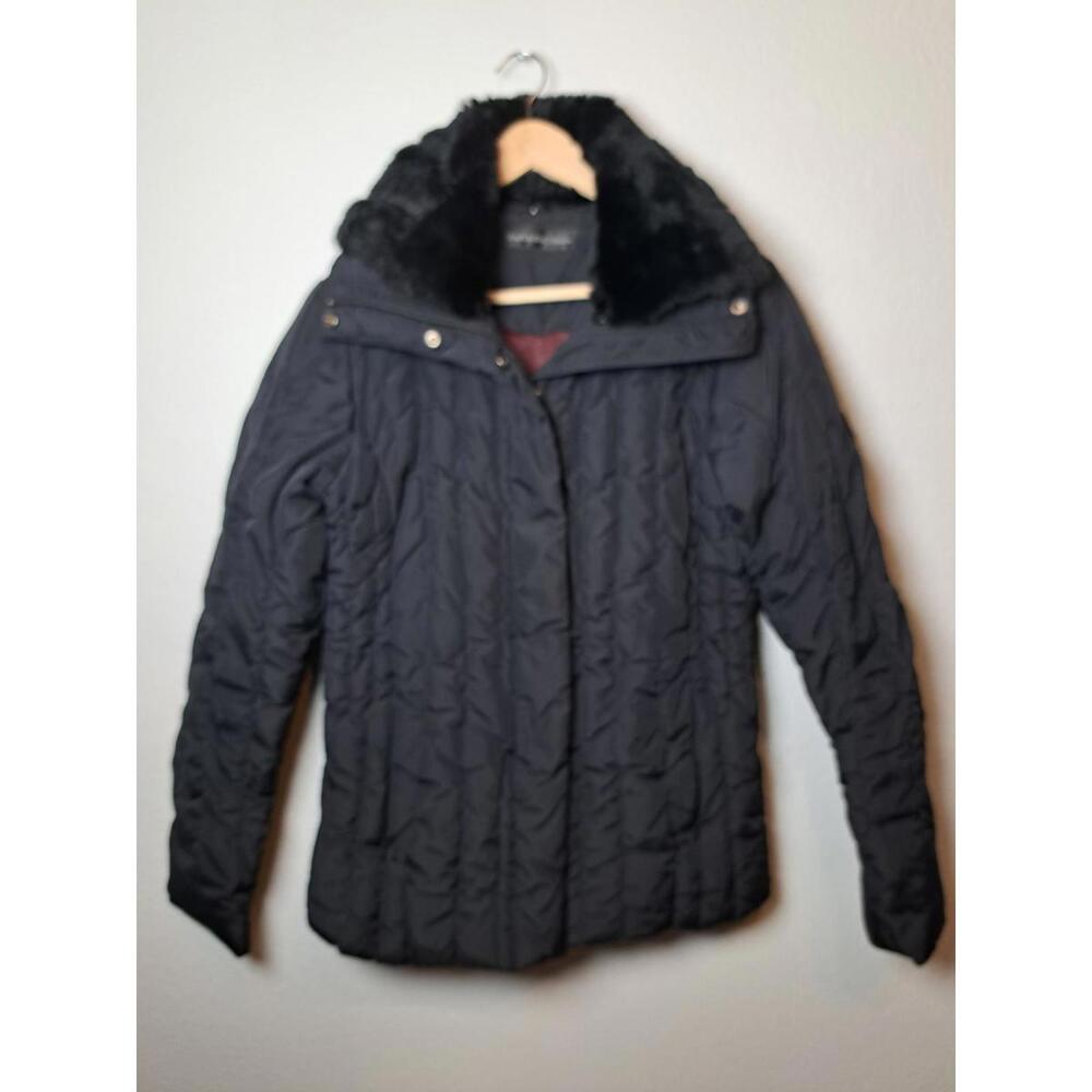 David Buchman Quilted Winter Coat Womens S Black Puffy Faux Fur Collar Insulated